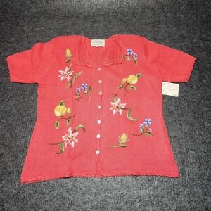 Susan Bristol Cardigan Sweater Short Sleeve Crochet Spring Pink Flowers L NWT
